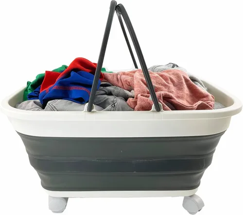 Vista 6 de SAMMART Cesta de plástico plegable de 26 litros (6.8 galones) con asa y ruedas, contenedor de almacenamiento plegable con asa y ruedas, bañera