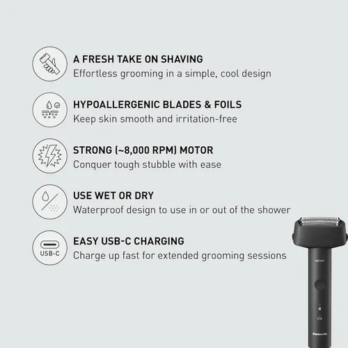 Vista 2 de Panasonic Maquinilla de afeitar eléctrica para hombres, afeitadora en seco y húmedo con sistema de corte de 3 cuchillas, mango ergonómico y carga