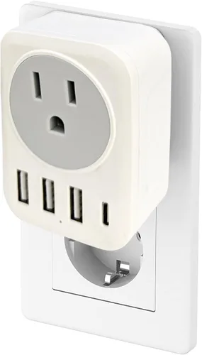 Vista 6 de Adaptador de enchufe de viaje europeo USB C, adaptador de enchufe internacional Cellet con 1 salidas de CA y 4 puertos USB, cargador adaptador