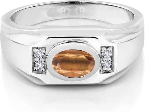 Vista 2 de Gem Stone King Anillo de plata de ley 925 con diseño de ojo de tigre marrón ovalado de 1.41 quilates para hombre
