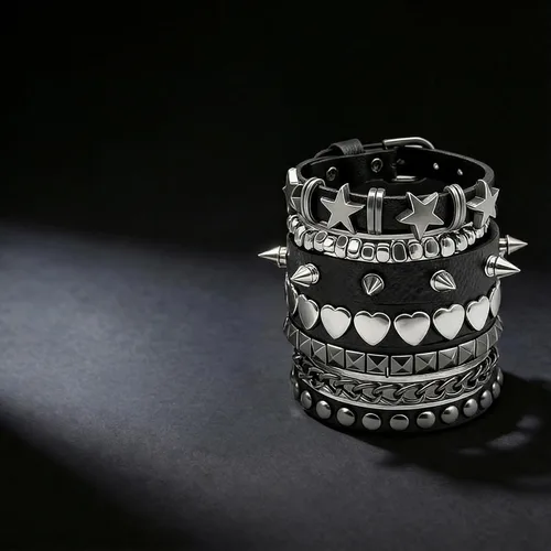 Vista 5 de 5 pulseras punk con tachuelas para mujeres y hombres, pulseras de remaches de metal de estilo alternativo de rock, juego de joyería hip hop
