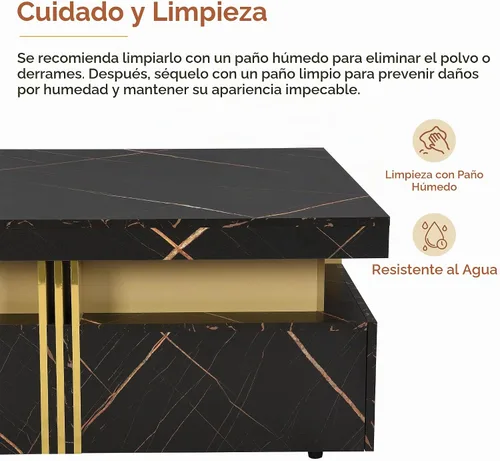Vista 6 de SSLine Moderna mesa de centro cuadrada de color negro y dorado, mesa de centro de cóctel de mármol sintético de lujo con 4 cajones de Mármol negro