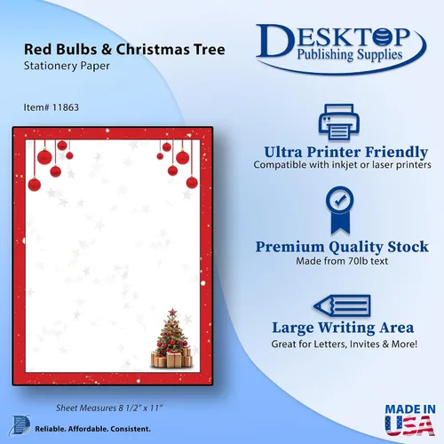 Vista 2 de Red Bulbs & Christmas Tree Stationery Paper – 80 hojas de membrete – Papel de impresora navideña de 8.5 x 11 pulgadas para cartas, invitaciones