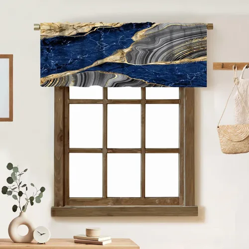 Vista 30 de Cortina de cenefa de mármol verde con venas doradas de mármol negro, diseño abstracto de lujo, elegante cenefa con bolsillo para barra, 1 panel