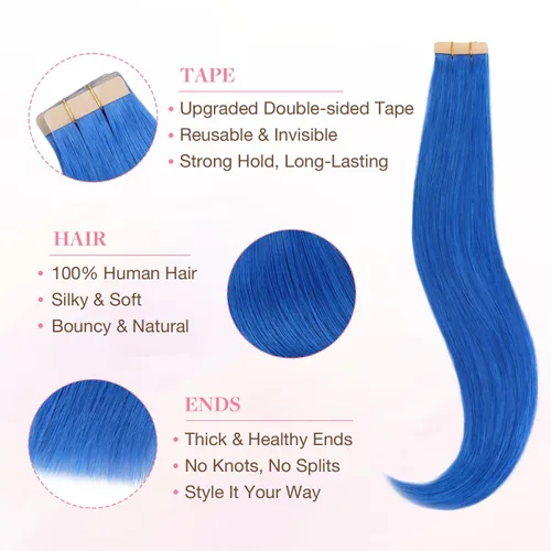Vista 2 de GOO GOO Extensiones de cabello humano con cinta, color azul, 10 pulgadas, 0.71 oz, 10 unidades, extensiones de cabello humano con cinta invisible