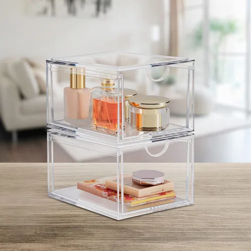 Vista 5 de Boxalls Paquete de 2 cajones de almacenamiento apilables de acrílico, organizador de maquillaje, 20% más grueso, transparente, organizadores de baño