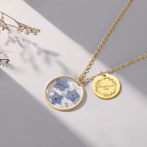 Vista 85 de Forget-Me-Not and Queen Anne's Lace Pressed Wildflower Necklace Birth Month Real Flower Necklace Gold/Silver Pressed Flower Jewelry