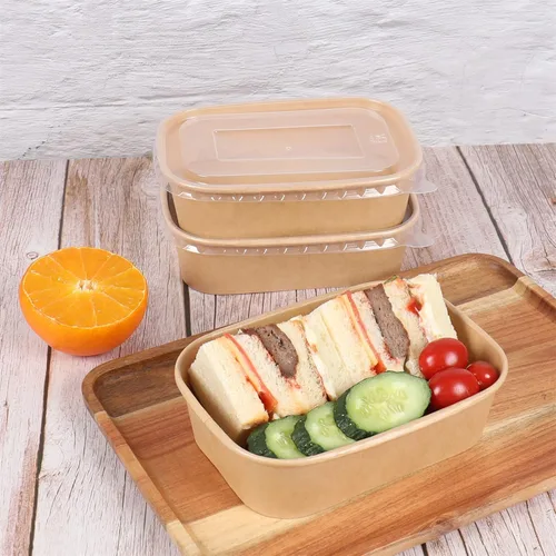 Vista 2 de Cuencos de papel kraft desechables de 17 onzas con tapas, recipientes rectangulares para alimentos, cuencos de sopa, suministros de fiesta, cuencos