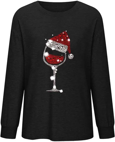 Vista 3 de Sudaderas tipo babydoll para mujer, suéteres de Navidad, estilo casual, con estampado de copa de vino con purpurina