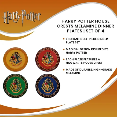 Vista 6 de Silver Buffalo Harry Potter Hogwarts Crest Solid Diamond Pattern Juego de 4 platos de melamina de 10 pulgadas Harry Potter Hogwarts Crest - Juego