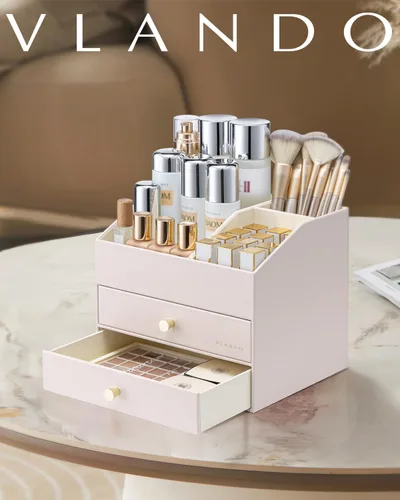 Vista 8 de Organizador de maquillaje Vlando, organizador para el cuidado de la piel para tocador, organizador de maquillaje de PU con cajones, estuche