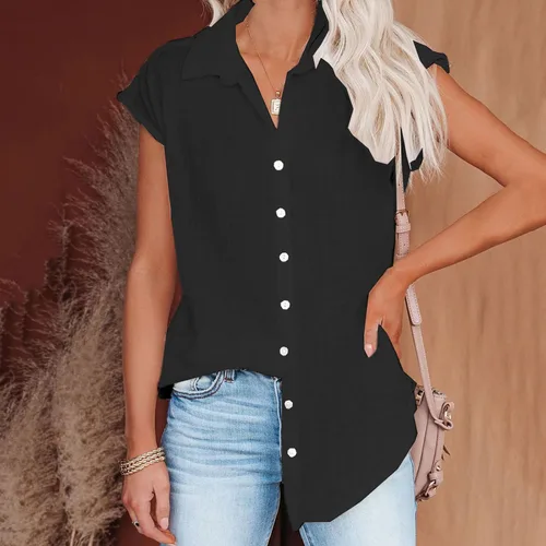 Vista 14 de Ceboyel Camisas para mujer de moda de verano, algodón, lino, manga corta, cuello con botones, blusa casual para mujer 2023