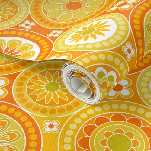 Vista 2 de Papel tapiz para despegar y pegar, azulejos circulares, flores amarillas, retro, naranja, geométrico, de los años 70, 60, vintage, extraíble, por