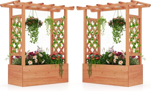 Vista 13 de HAPPYGRILL Cama de jardín elevada con enrejado y techo colgante