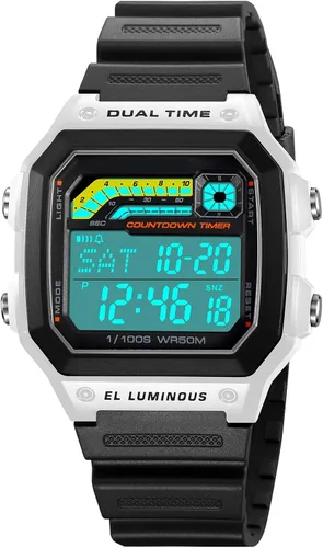 Vista 8 de PASOY Reloj de pulsera digital multifunción para hombre, con hora doble, alarma, cronómetro, cuenta regresiva, retroiluminación, resistente al agua