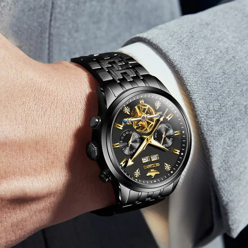 Vista 4 de OUPINKE Relojes Automáticos para Hombres Mecánicos Esqueleto Reloj de Vestir de Lujo para Hombre Acero de Tungsteno Resistente al Agua Luminoso