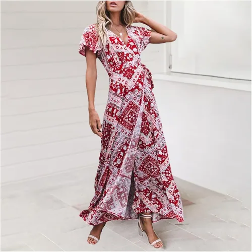 Vista 2 de Esopkuu Vestido largo de verano para mujer, estilo retro, manga corta, sexy, cuello en V, cruzado, cintura alta, empalme abierto