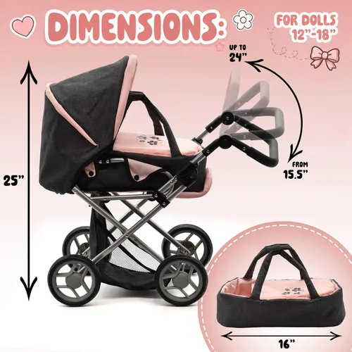 Vista 3 de Cochecito Convertible de Muñeca de Bebé con Portabebés de Viaje Extraíble para Niños, Mango Ajustable, Cochecito con Toldo y Cesta