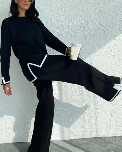 Vista 5 de Yidarer Conjunto de 2 piezas de punto para mujer, suéter de manga larga, pantalones de pierna ancha, conjunto de ropa deportiva