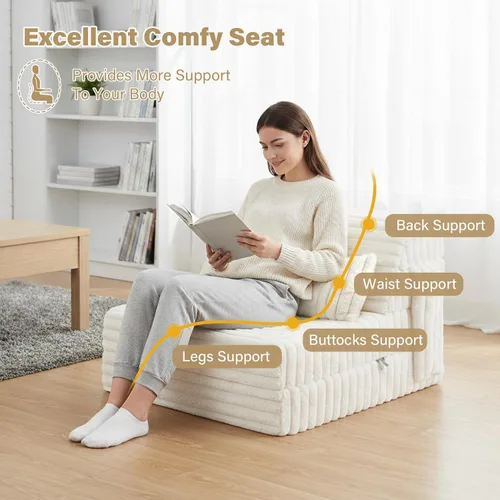 Vista 3 de Tiita Sofá Cama Plegable - Silla Reclinable Convertible de 4 Pliegues con Funda de Pana y Almohada Rectangular, Colchón de Sofá de Suelo para beige