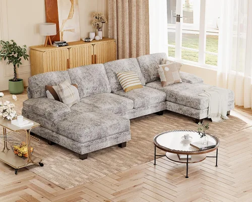 Vista 6 de JUMMICO Sofás Seccionales para Sala de Estar, Sofá en Forma de U con Tela de Chenilla, Sofá Moderno de 4 Asientos con Almohadas Removibles para Gris