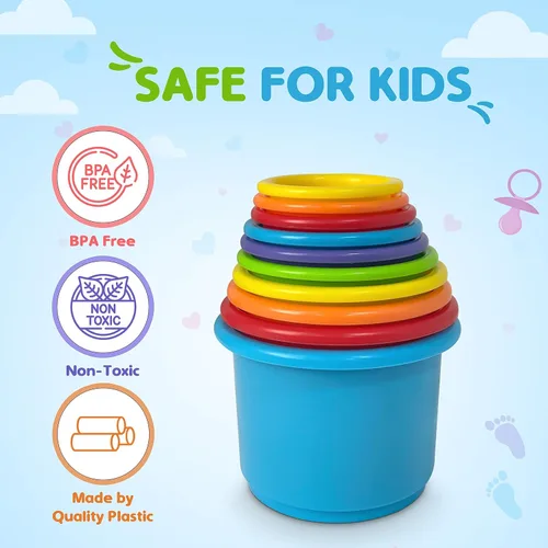 Vista 2 de Arco Iris Stacking & Nesting tazas Baby Set de construcción. 10 piezas. Con relieve caracteres Animal. Para Interior, Exterior, tina, y la playa