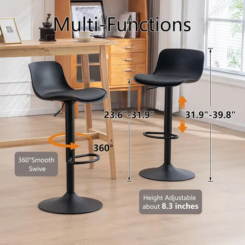 Vista 8 de YOUTASTE Juego de 2 taburetes de bar totalmente negros, taburetes de bar giratorios ajustables con respaldo, asientos de silla de bar acolchados