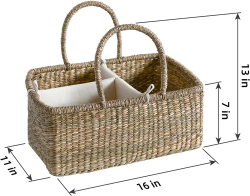 Vista 5 de Organizador de pañales de mimbre para bebé, cesta tejida de hierba marina con asas, cesta de pañales con divisores (rectangular)