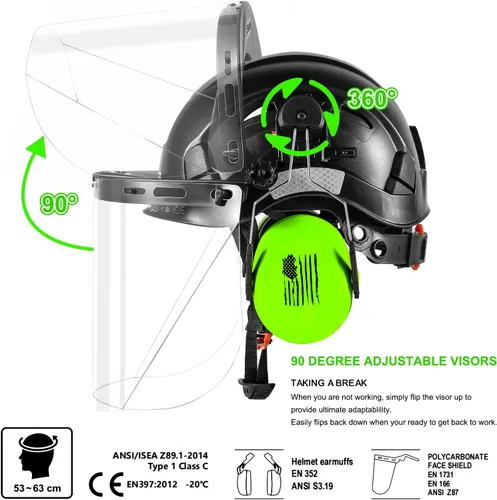 Vista 3 de Casco de Seguridad Forestal para Motosierra con Visera Completa de Policarbonato Transparente y Orejeras 3 en 1 Casco Duro Forestal