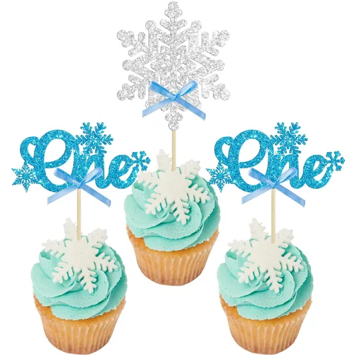 Vista 27 de Gyufise 24 adornos de copos de nieve Oh Baby para cupcakes con purpurina azul, decoración de pastel de baby shower congelado para baby shower