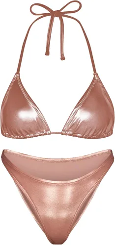 Vista 5 de Conjunto de bikini metálico para mujer, traje de baño sexy plateado con triángulo, parte superior e inferior