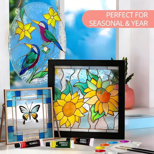 Vista 4 de Juego de Pintura Acrílica para Vidrio Colorida con 6 Pinceles, 1 Paleta, 12 Colores de Pinturas para Vidrio Manchado para Vino, Juego de Pintura
