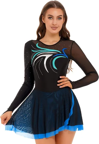 Vista 2 de FEESHOW Vestidos líricos de patinaje artístico para mujer, leotardos de baile de diamantes de imitación, uniformes de baile de ballet mayorette