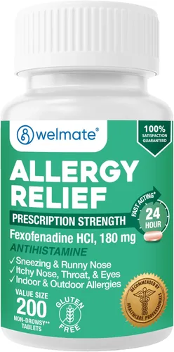 Vista 5 de WELMATE - Alivio de Alergia - Hidrocloruro de Fexofenadina 180 mg - Antihistamínico Sin Somnolencia de 24 Horas - Estornudos - Secreción Nasal