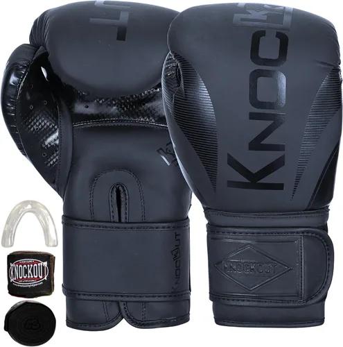 Vista 3 de Knockout Elite - Guantes de boxeo de 8 a 16 onzas para hombres y mujeres con envolturas y protector bucal, ideales para Muay Thai, kickboxing Negro