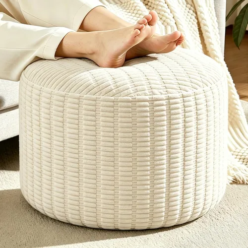 Vista 11 de Puf otomano redondo de pana para sala de estar, taburete relleno de espuma triturada de felpa suave, cómodo reposapiés Soft plush shredded foam