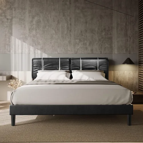 Vista 2 de BONSOIR Base de cama tamaño Queen tapizada de perfil bajo moderna con cabecera de piel sintética, no necesita somier, no necesita falda de cama