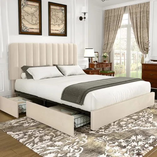 Vista 24 de VECELO Base de cama tapizada de tamaño matrimonial con 4 cajones y cabecero, plataforma de terciopelo, soporte de listones de madera, no necesita