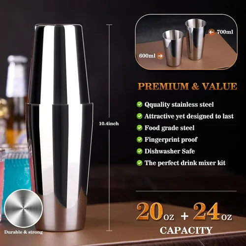 Vista 3 de Kit de coctelera para barman: juego de 15 utensilios de bar con soporte acrílico, juego de barras con todos los accesorios prácticos de bar
