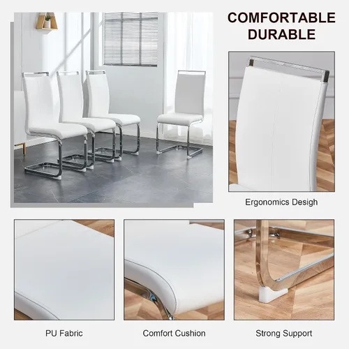 Vista 3 de Juego de mesa de comedor de mármol para mesa rectangular blanca de 4.63 pulgadas con marco de metal plateado en forma de X y 4 sillas de comedor