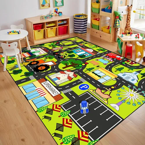 Vista 12 de Alfombra de juego para niños, alfombra de coche para niños, tapete de automóvil con mapa de vida de la ciudad para niños, juguete educativo