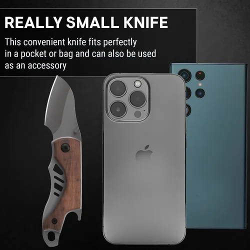 Vista 8 de Cuchillo de bolsillo pequeño para hombres – Cuchillo de llavero de 5.7 pulgadas con abridor de botellas – Cortador de cajas – Mango de madera