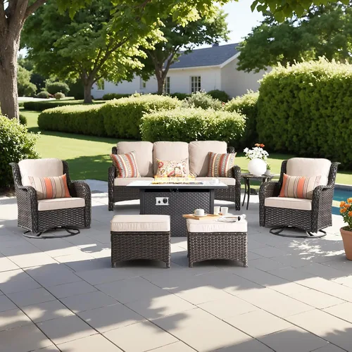 Vista 49 de Juego de muebles de exterior para patio, silla y sofá (ratán marrón, beige, 3 piezas)