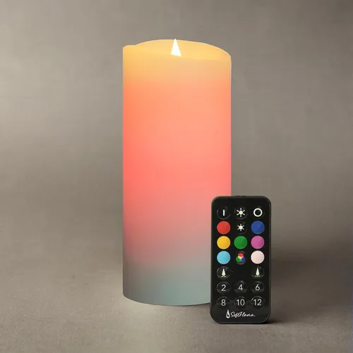Vista 19 de Juego de velas sin llama Softflame - 5,7 cm x 10,7 cm, blanco, set de 2 - Vela de pilar con llama parpadeante y en movimiento, incluye control