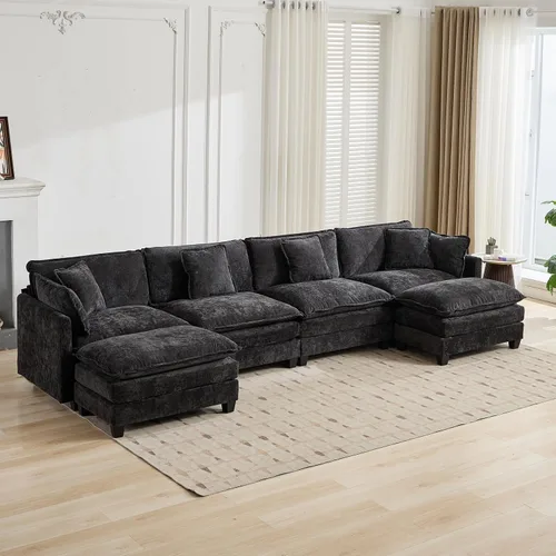 Vista 31 de Sofá seccional modular, sofá seccional en forma de L de 76.7 pulgadas con otomana móvil, cómodo loveseat de chenilla nube con reposabrazos