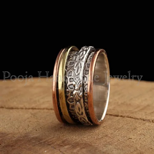 Vista 2 de Pooja Handmade Jewelry 925 Silver Ring, Fidget Ring For Women, Meditation Band Ring, Handmade Ring, Two Tone Ring, Boho Ring, Heavy Silver Ring, Mix