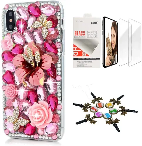 Vista 11 de Sparkle Funda compatible con iPhone 12 – Elegante – 3D hecha a mano con lazo y corona de lazo para llaves, diseño de rosas y diamantes de imitación
