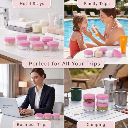 Vista 7 de Contenedores de cosméticos con tapas, tarros de loción de plástico, tarros para muestras, con tapa rosa, 0.2 oz, 25 unidades, Tarro de 3 gramos.