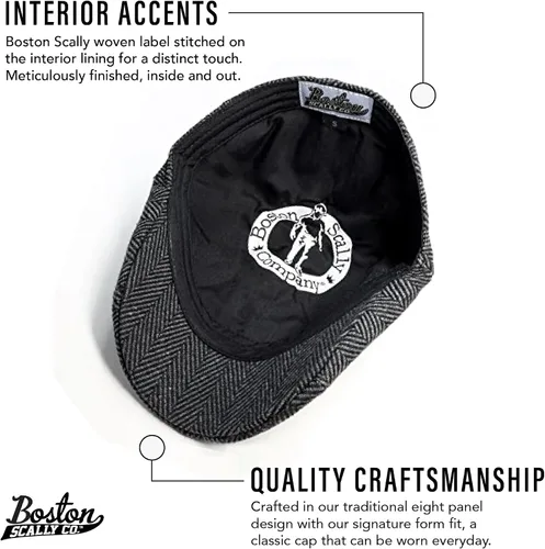 Vista 3 de La Gorra Original Boston Scally Cap - La Gorra Plana de Newsboy Peaky - Gorra de 8 Paneles para Hombres - Gris Herringbone