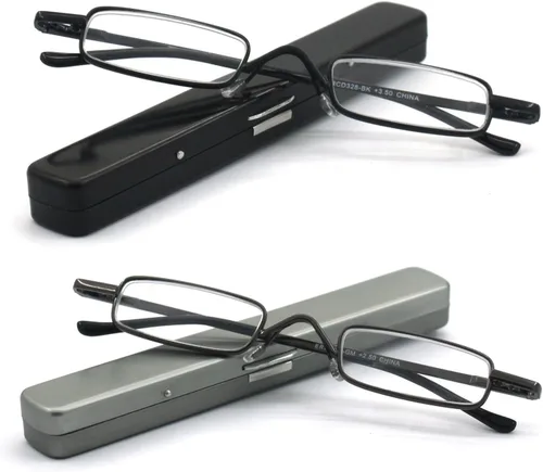 Vista 8 de Mini gafas de lectura de metal súper ligeras con estuche compacto, negro, plomizo 2PK-Negro